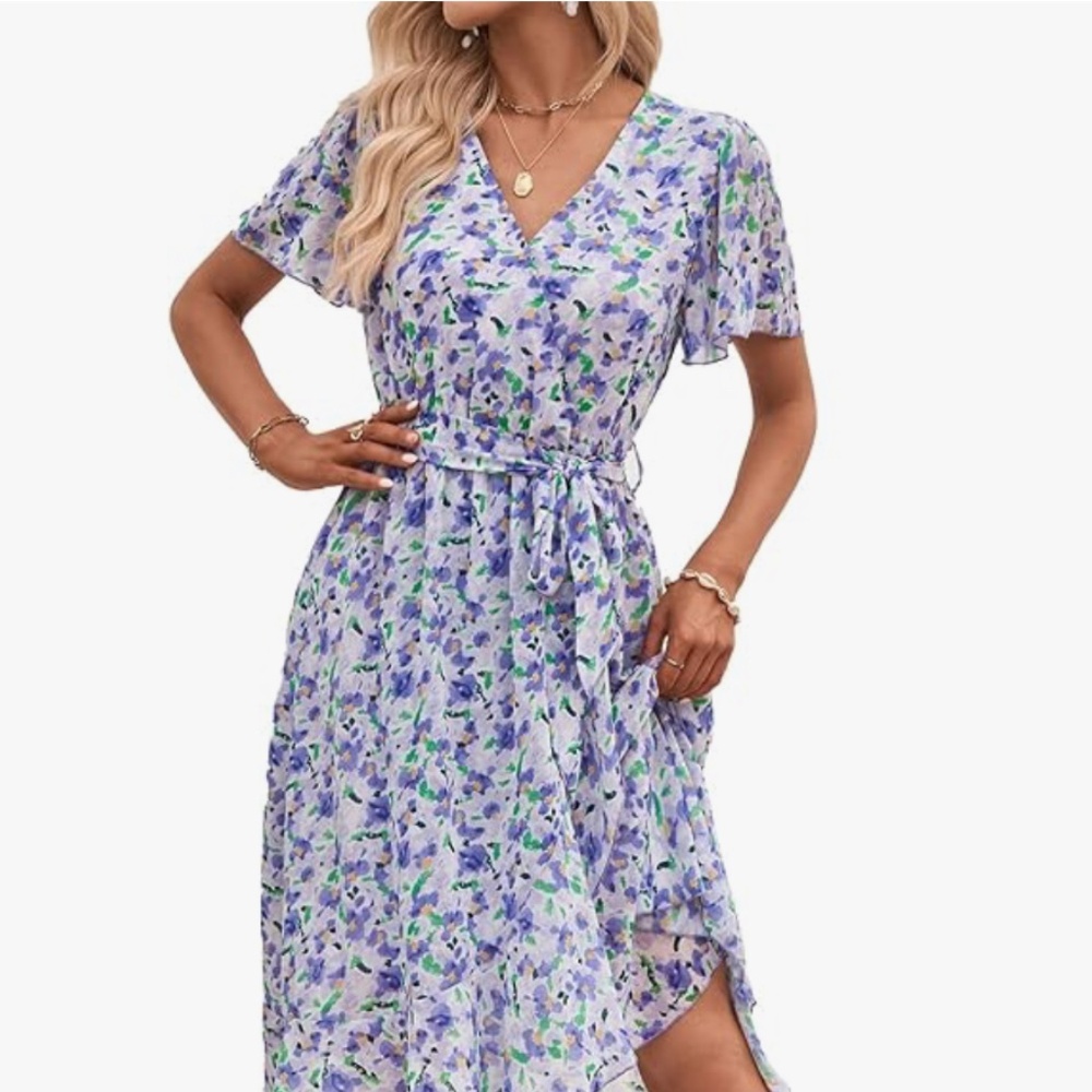 PRETTYGARDEN  Boho Wrap V Neck Short Sleeve Belted Dress Size‎ M, NWT